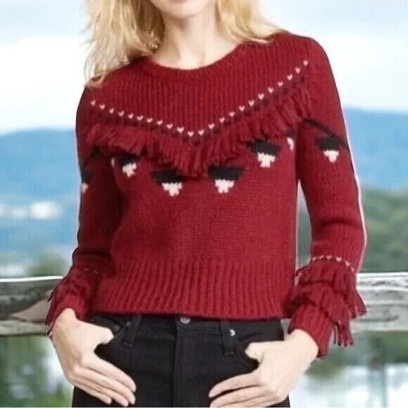 LoveShackFancy Atlas Fringe Crop Red Baby Alpaca Wool Blend Sweater Size‎ Small - Picture 2 of 9